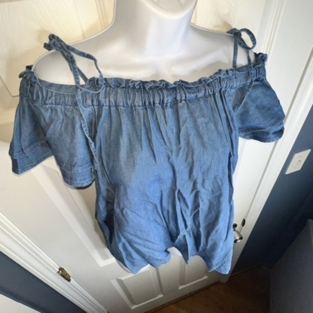 LOFT Womens X Small Blue Chambray Off The Shoulder Tie Strap Blouse Top XS